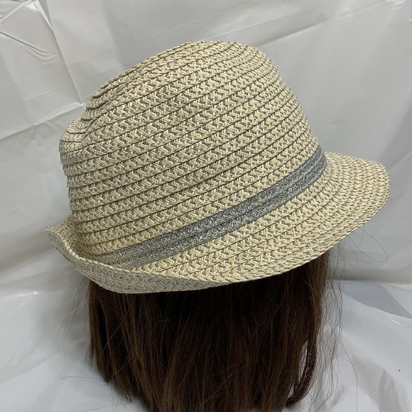 WOMEN Four Buttons By San Diego Hats co Tan white metallic silver woven fedora - Picture 4 of 8